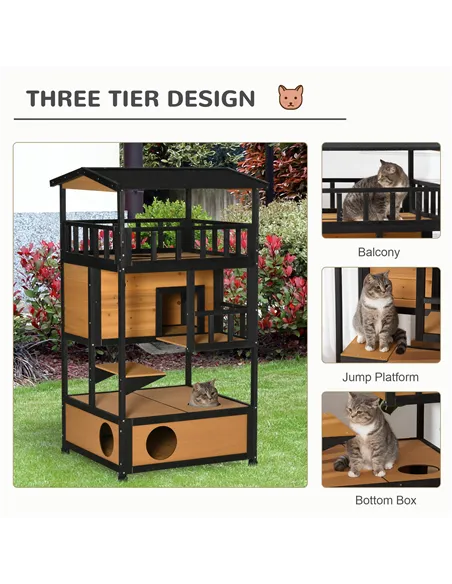 PawHut Wooden Outdoor Cat House, 3-Tier Cat Shelter with Tilted Roof, Terrace, Jump Step, Bottom Tray and Elevated Base, Waterpr