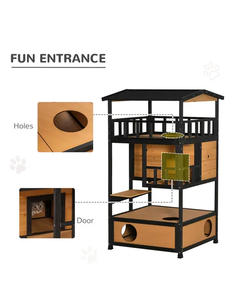 PawHut Wooden Outdoor Cat House, 3-Tier Cat Shelter with Tilted Roof, Terrace, Jump Step, Bottom Tray and Elevated Base, Waterpr