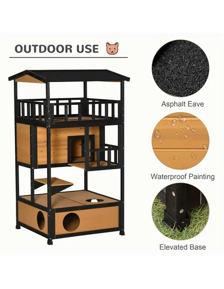PawHut Wooden Outdoor Cat House, 3-Tier Cat Shelter with Tilted Roof, Terrace, Jump Step, Bottom Tray and Elevated Base, Waterpr