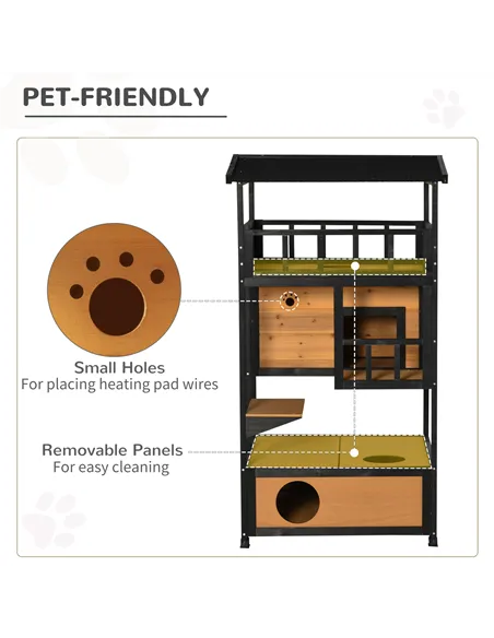PawHut Wooden Outdoor Cat House, 3-Tier Cat Shelter with Tilted Roof, Terrace, Jump Step, Bottom Tray and Elevated Base, Waterpr
