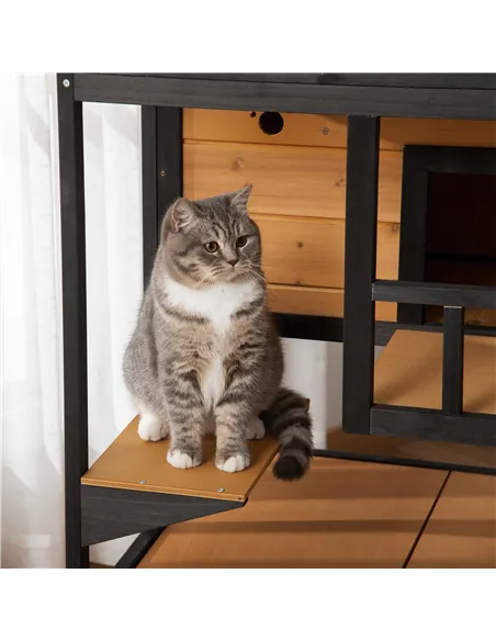 PawHut Wooden Outdoor Cat House, 3-Tier Cat Shelter with Tilted Roof, Terrace, Jump Step, Bottom Tray and Elevated Base, Waterpr