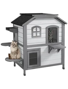 PawHut 2-Story Indoor or Outdoor Cat House W/ Escape Door, Cat Shelter, White