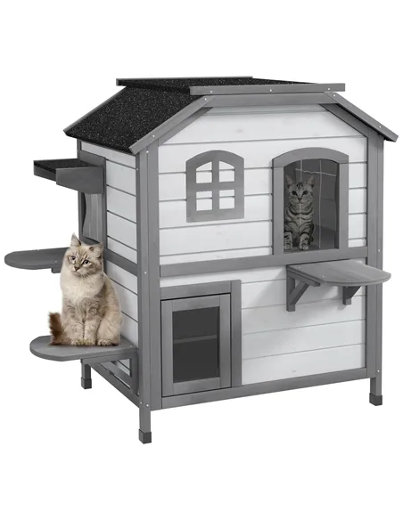 PawHut 2-Story Indoor or Outdoor Cat House W/ Escape Door, Cat Shelter, White