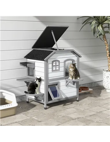 PawHut 2-Story Indoor or Outdoor Cat House W/ Escape Door, Cat Shelter, White
