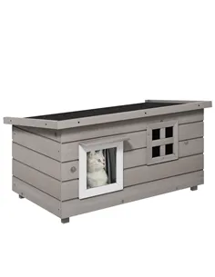 PawHut Wooden Outdoor Cat House, Elevated Cat Shelter Kennel, Pet Play House with Openable Top, Asphalt Roof, Window, Grey