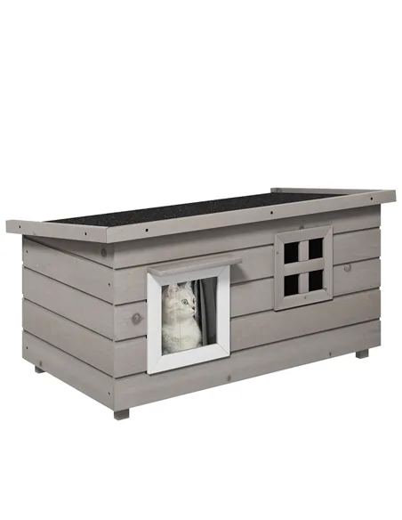 PawHut Wooden Outdoor Cat House, Elevated Cat Shelter Kennel, Pet Play House with Openable Top, Asphalt Roof, Window, Grey