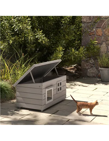 PawHut Wooden Outdoor Cat House, Elevated Cat Shelter Kennel, Pet Play House with Openable Top, Asphalt Roof, Window, Grey