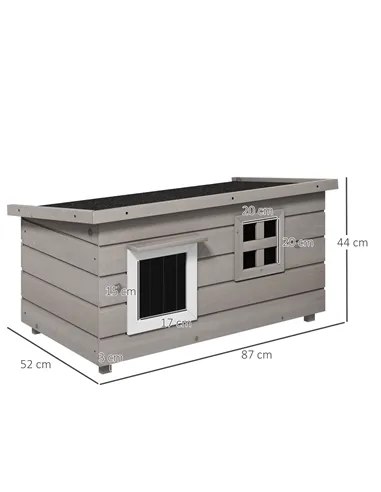 PawHut Wooden Outdoor Cat House, Elevated Cat Shelter Kennel, Pet Play House with Openable Top, Asphalt Roof, Window, Grey