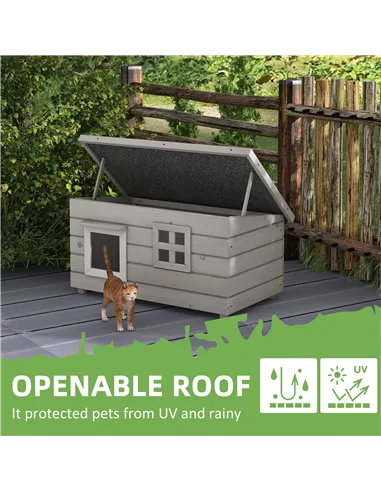 PawHut Wooden Outdoor Cat House, Elevated Cat Shelter Kennel, Pet Play House with Openable Top, Asphalt Roof, Window, Grey
