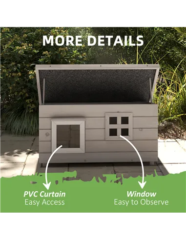 PawHut Wooden Outdoor Cat House, Elevated Cat Shelter Kennel, Pet Play House with Openable Top, Asphalt Roof, Window, Grey