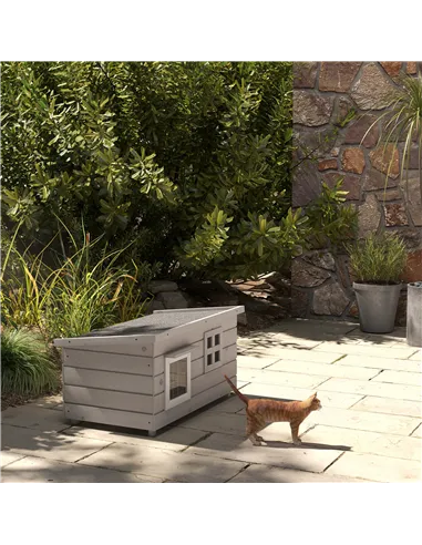 PawHut Wooden Outdoor Cat House, Elevated Cat Shelter Kennel, Pet Play House with Openable Top, Asphalt Roof, Window, Grey