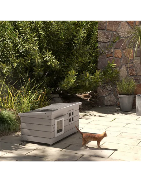 PawHut Wooden Outdoor Cat House, Elevated Cat Shelter Kennel, Pet Play House with Openable Top, Asphalt Roof, Window, Grey