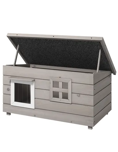 PawHut Wooden Outdoor Cat House, Elevated Cat Shelter Kennel, Pet Play House with Openable Top, Asphalt Roof, Window, Grey
