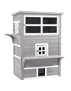PawHut Three-Tier wooden Kitten Shelter, Outdoor Cat House, with Jumping Platforms, Asphalt Roof, Doors - Grey