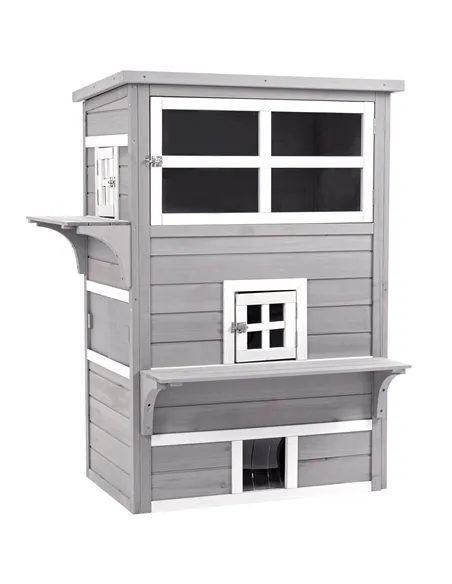 PawHut Three-Tier wooden Kitten Shelter, Outdoor Cat House, with Jumping Platforms, Asphalt Roof, Doors - Grey