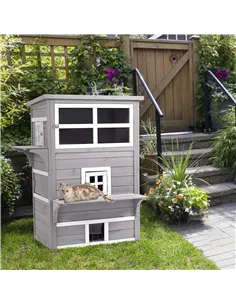 PawHut Three-Tier wooden Kitten Shelter, Outdoor Cat House, with Jumping Platforms, Asphalt Roof, Doors - Grey 2