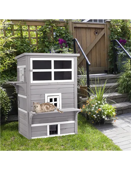 PawHut Three-Tier wooden Kitten Shelter, Outdoor Cat House, with Jumping Platforms, Asphalt Roof, Doors - Grey
