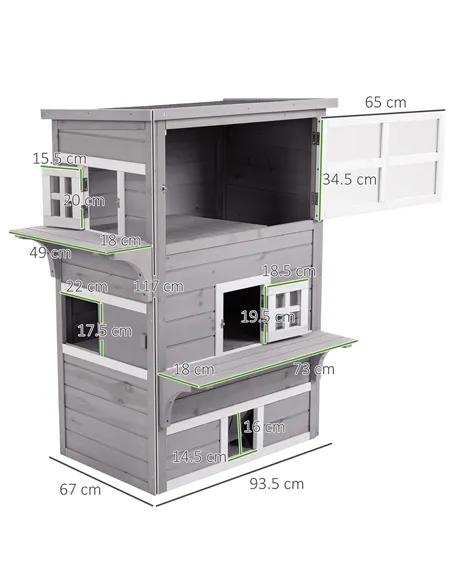 PawHut Three-Tier wooden Kitten Shelter, Outdoor Cat House, with Jumping Platforms, Asphalt Roof, Doors - Grey