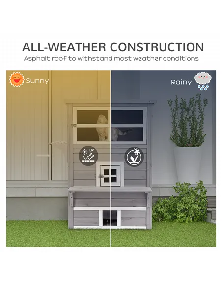 PawHut Three-Tier wooden Kitten Shelter, Outdoor Cat House, with Jumping Platforms, Asphalt Roof, Doors - Grey