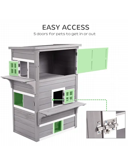PawHut Three-Tier wooden Kitten Shelter, Outdoor Cat House, with Jumping Platforms, Asphalt Roof, Doors - Grey