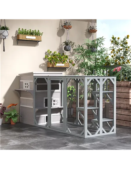 PawHut Three-Tier wooden Kitten Shelter, Outdoor Cat House, with Jumping Platforms, Asphalt Roof, Doors - Grey