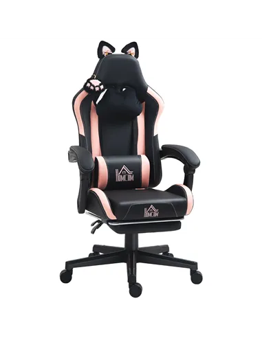 HOMCOM Cat Ear and Paw Reclining Office Chair, with Footrest - Black/Pink