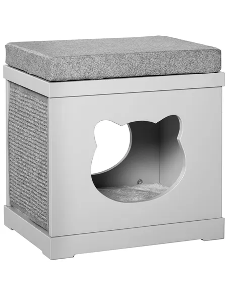PawHut Cat House Bed Kitten Cave Cube Indoor for Small Pet with Removable Sisal Scratching Pads Soft Cushions, 41x30x36 cm, Grey