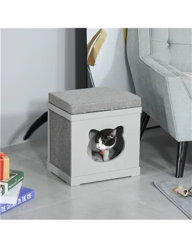 PawHut Cat House Bed Kitten Cave Cube Indoor for Small Pet with Removable Sisal Scratching Pads Soft Cushions, 41x30x36 cm, Grey