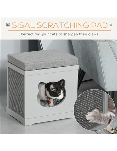 PawHut Cat House Bed Kitten Cave Cube Indoor for Small Pet with Removable Sisal Scratching Pads Soft Cushions, 41x30x36 cm, Grey