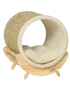 PawHut Raised Cat House, with Scratcher - Beige