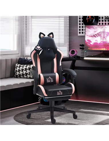 HOMCOM Cat Ear and Paw Reclining Office Chair, with Footrest - Black/Pink