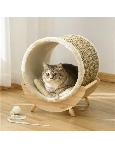 PawHut Raised Cat House, with Scratcher - Beige