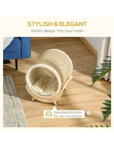 PawHut Raised Cat House, with Scratcher - Beige