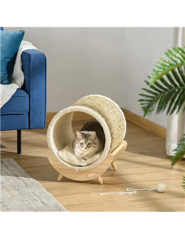PawHut Raised Cat House, with Scratcher - Beige