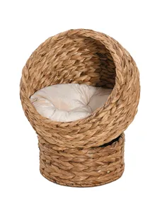 PawHut Wicker Cat Bed, Raised Rattan Cat Basket with Cylindrical Base, Soft Washable Cushion, 50 x 42 x 60 cm - Brown