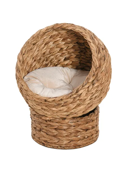 PawHut Wicker Cat Bed, Raised Rattan Cat Basket with Cylindrical Base, Soft Washable Cushion, 50 x 42 x 60 cm - Brown