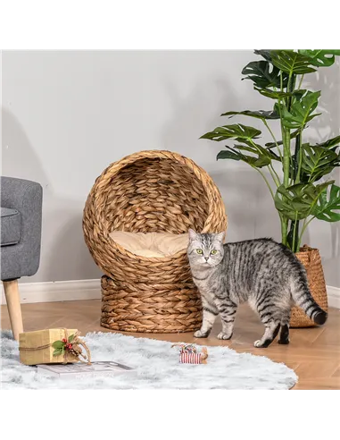 PawHut Wicker Cat Bed, Raised Rattan Cat Basket with Cylindrical Base, Soft Washable Cushion, 50 x 42 x 60 cm - Brown