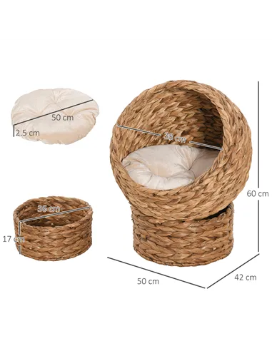 PawHut Wicker Cat Bed, Raised Rattan Cat Basket with Cylindrical Base, Soft Washable Cushion, 50 x 42 x 60 cm - Brown
