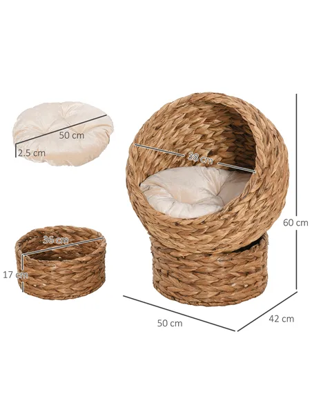 PawHut Wicker Cat Bed, Raised Rattan Cat Basket with Cylindrical Base, Soft Washable Cushion, 50 x 42 x 60 cm - Brown
