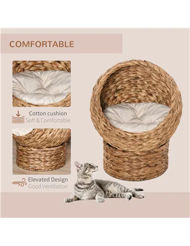 PawHut Wicker Cat Bed, Raised Rattan Cat Basket with Cylindrical Base, Soft Washable Cushion, 50 x 42 x 60 cm - Brown