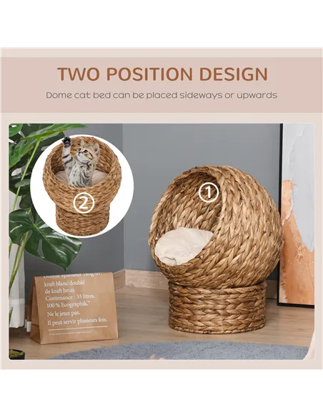 PawHut Wicker Cat Bed, Raised Rattan Cat Basket with Cylindrical Base, Soft Washable Cushion, 50 x 42 x 60 cm - Brown