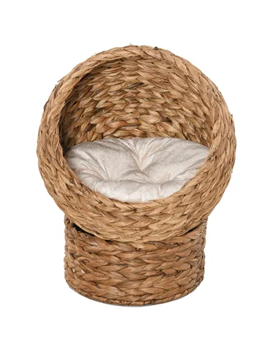 PawHut Wicker Cat Bed, Raised Rattan Cat Basket with Cylindrical Base, Soft Washable Cushion, 50 x 42 x 60 cm - Brown