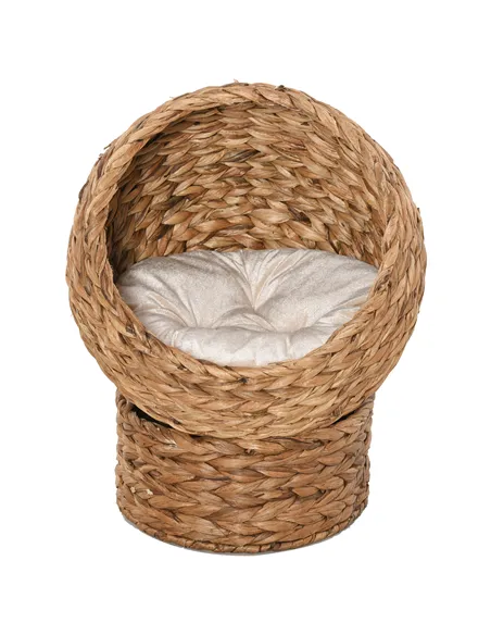 PawHut Wicker Cat Bed, Raised Rattan Cat Basket with Cylindrical Base, Soft Washable Cushion, 50 x 42 x 60 cm - Brown