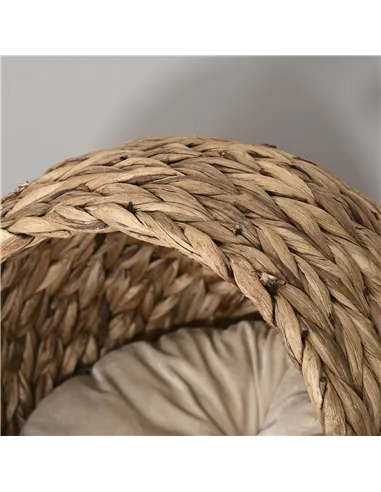 PawHut Wicker Cat Bed, Raised Rattan Cat Basket with Cylindrical Base, Soft Washable Cushion, 50 x 42 x 60 cm - Brown