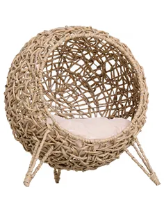 PawHut Wicker Cat Bed, Ball-Shaped Rattan Elevated Cat Basket with Three Tripod Legs, Cushion - Natural Wood Finish