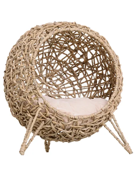 PawHut Wicker Cat Bed, Ball-Shaped Rattan Elevated Cat Basket with Three Tripod Legs, Cushion - Natural Wood Finish