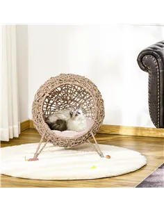 PawHut Wicker Cat Bed, Ball-Shaped Rattan Elevated Cat Basket with Three Tripod Legs, Cushion - Natural Wood Finish 2