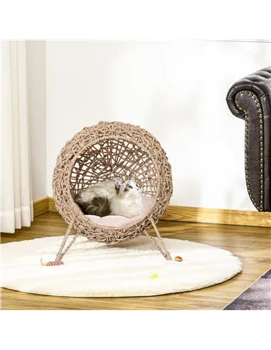 PawHut Wicker Cat Bed, Ball-Shaped Rattan Elevated Cat Basket with Three Tripod Legs, Cushion - Natural Wood Finish