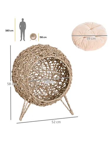 PawHut Wicker Cat Bed, Ball-Shaped Rattan Elevated Cat Basket with Three Tripod Legs, Cushion - Natural Wood Finish