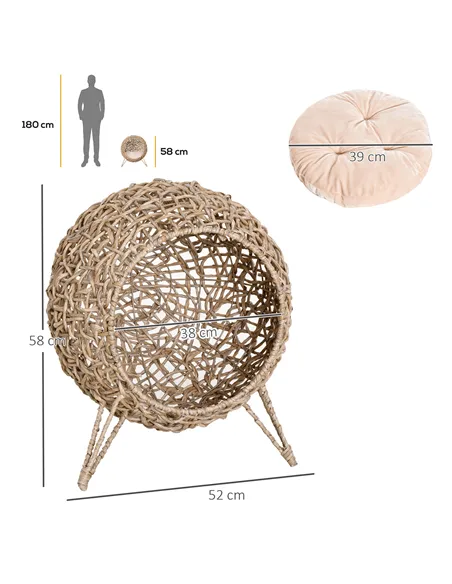 PawHut Wicker Cat Bed, Ball-Shaped Rattan Elevated Cat Basket with Three Tripod Legs, Cushion - Natural Wood Finish